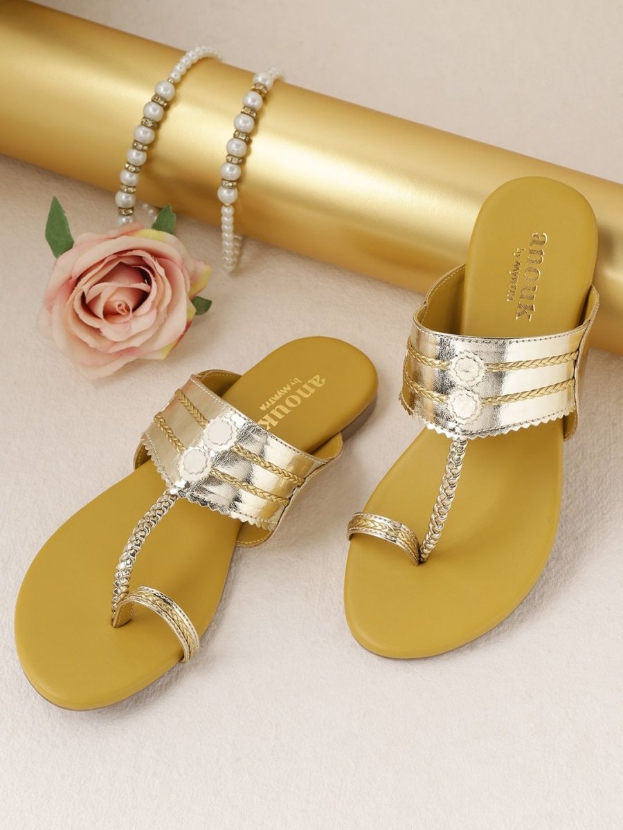 Dhiyona AK Women Gold-Toned Braided One Toe Flats