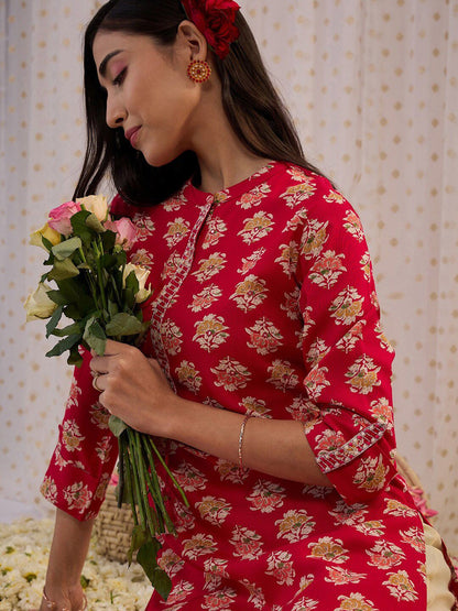 Dhiyona IE Floral Printed Mandarin Collar Three-Quarter Sleeves Kurta