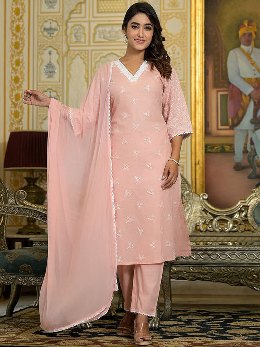 Dhiyona VA Women'sFloral Embroidered Chikankari Straight Kurta With Trousers & Dupatta