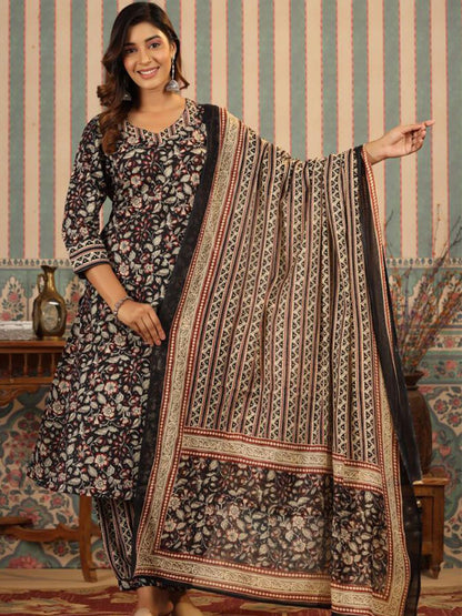 Dhiyona IS Women's Kalamkari Embellished Cotton Kurta with Afghani Pants & Flowy Mulmul Dupatta