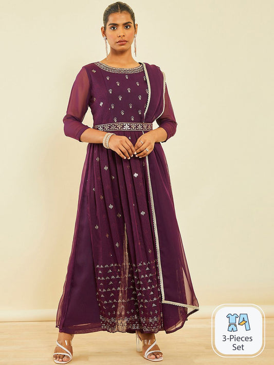 Dhiyona SO Women's Ethnic Motifs Embroidered Regular Sequinned Kurta With Palazzos & Dupatta