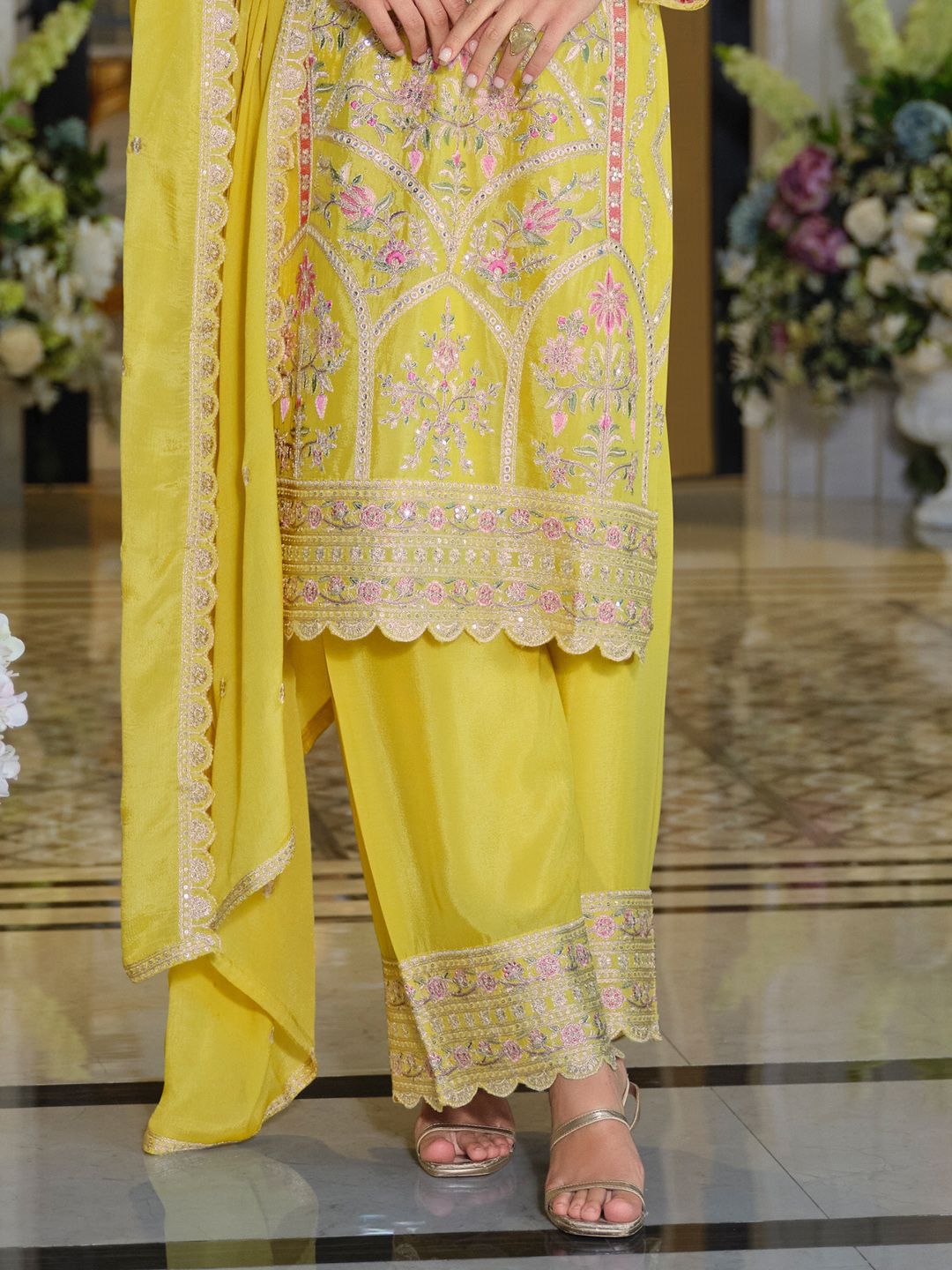 Adults-Women Woven Design Embroidered Kurta with Palazzos & Dupatta