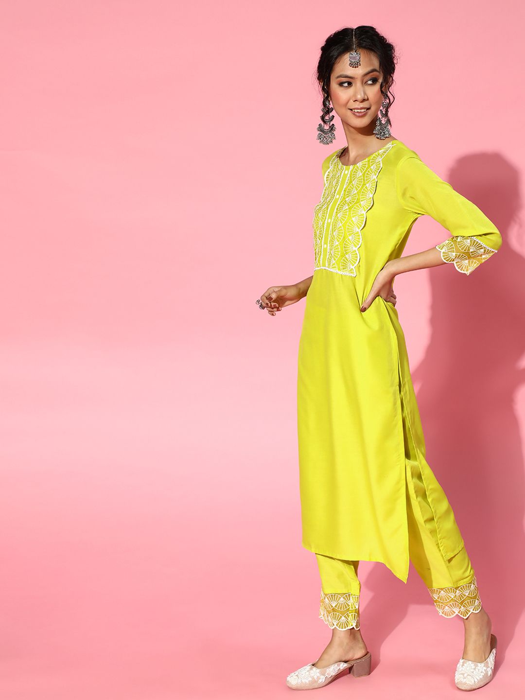 Lime Green Silk Blend Scalloped Edge Kurta Set
