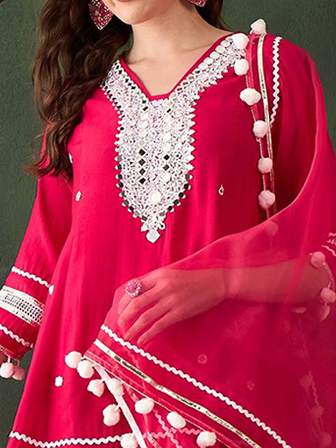 Dhiyona SN Women's Pink Floral Embroidered Mirror Work A-Line Kurta With Trousers & Dupatta
