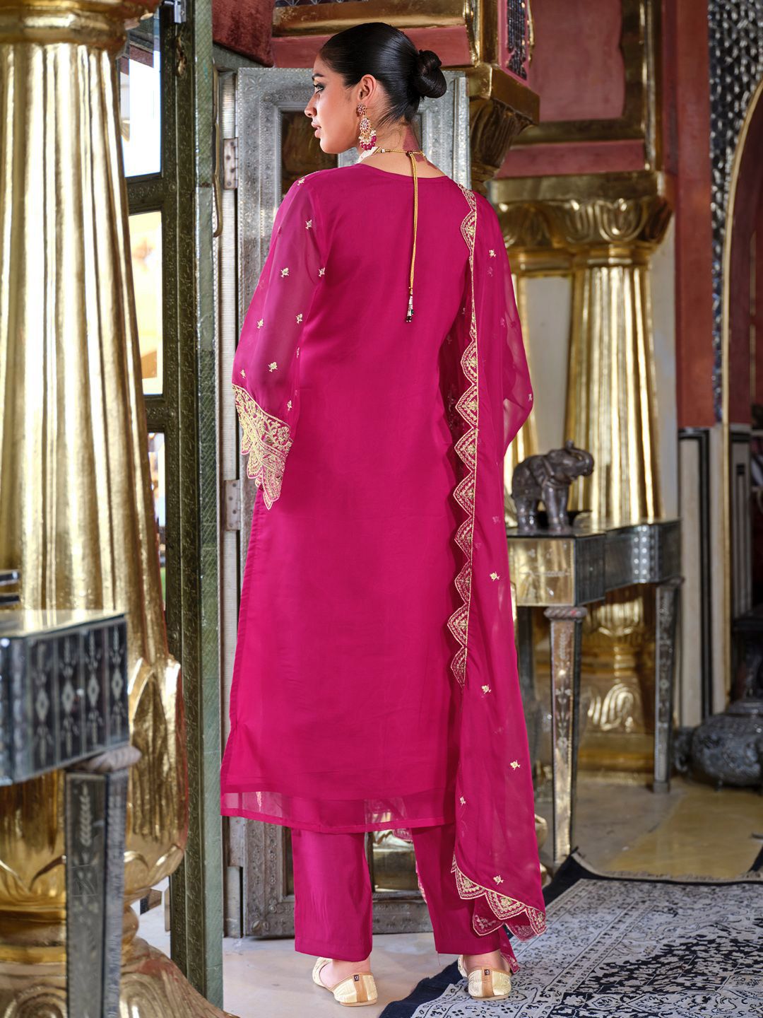Ethnic Motifs Embroidered Zari Organza Straight Kurta & Trousers With Dupatta