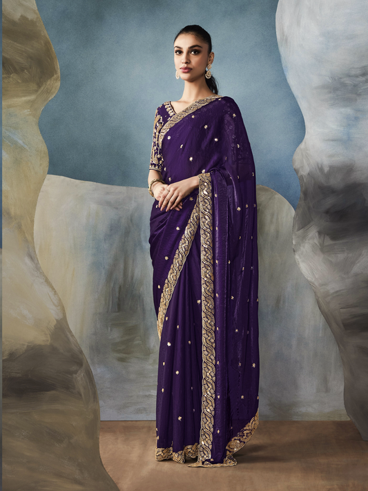 Dhiyona KM Women Navy Blue Tissue Embroidered Fancy Heavy Border Saree
