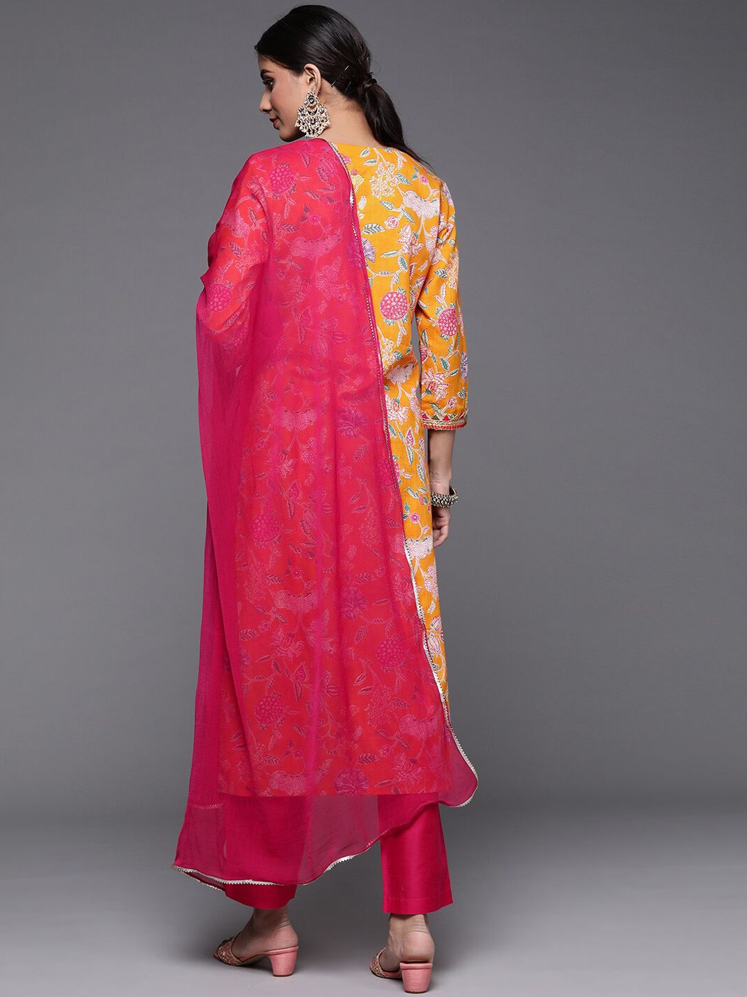 Dhiyona VA Women's Yellow Printed Pure Cotton Kurta with Trousers & With Dupatta