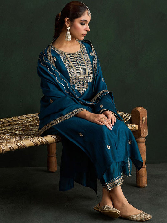 Dhiyona IE Women Ethnic Motifs Embroidered Regular Kurta with Trousers & With Dupatta
