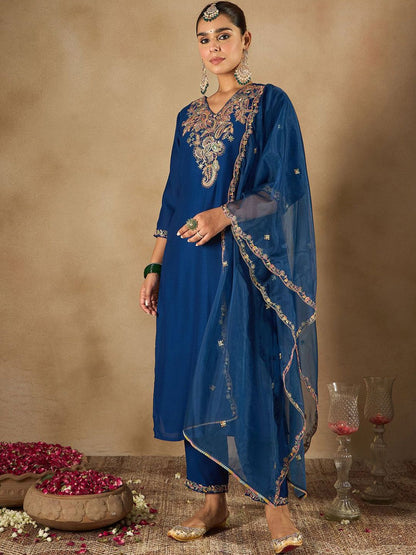 Dhiyona IE Women Ethnic Motifs Embroidered Regular Liva Kurta with Trousers & With Dupatta