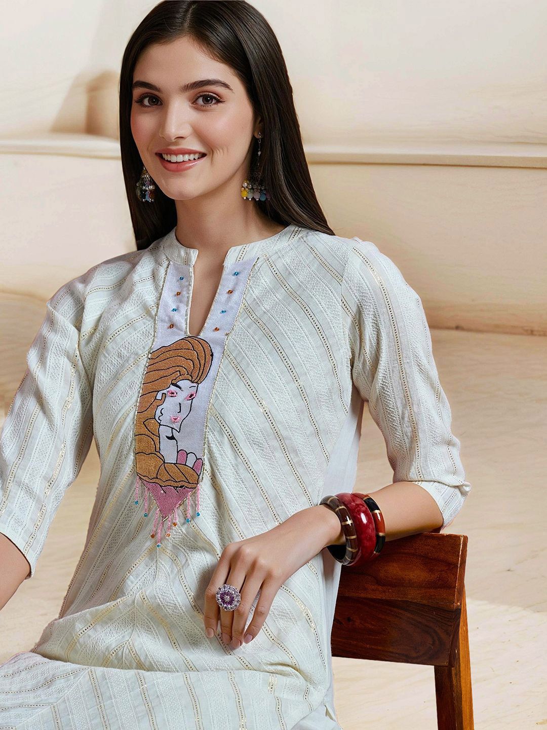 Dhiyona IS Women's Striped Yoke Design Mandarin Collar Pure Cotton Straight Kurta With Trousers