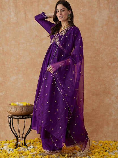 Women's Ethnic Motifs Embroidered Anarkali Kurta With Palazzo & Dupatta Set