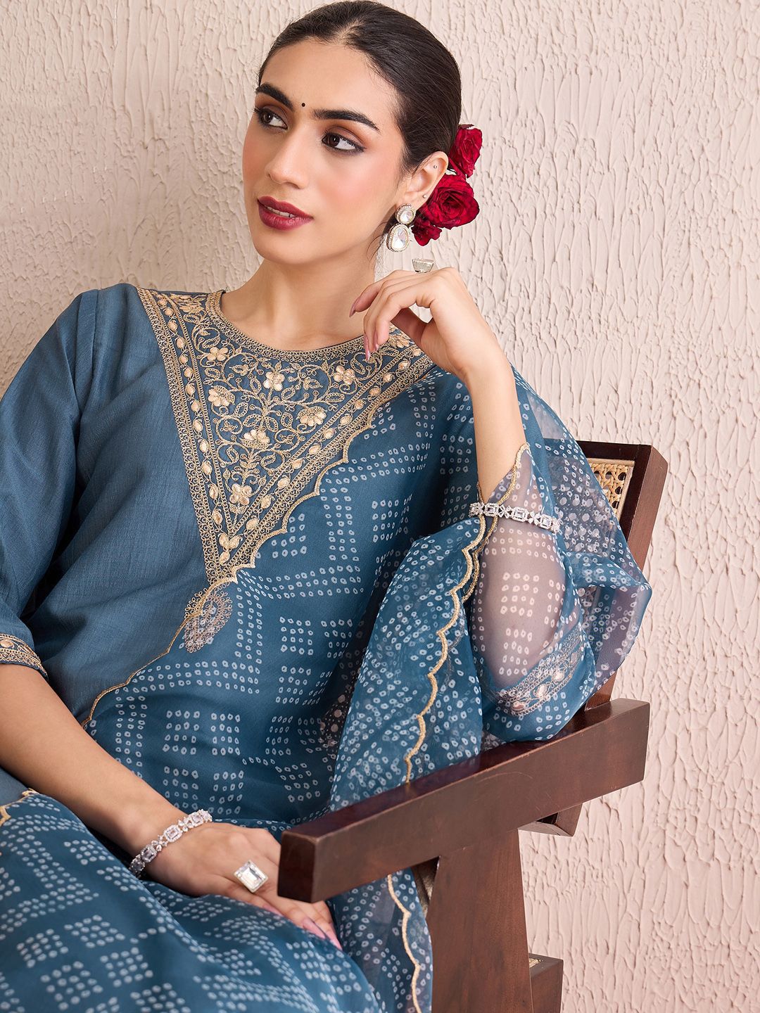 Women Bandhani Embroidered Regular Gotta Patti Kurta with Trousers & With Dupatta