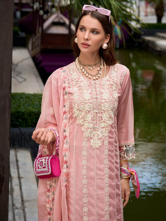 Floral Embroidered Sequinned Straight Kurta with Trouser & Dupatta