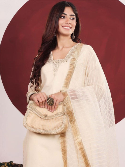 Dhiyona VA Women'sFloral Embroidered V-Neck Straight Kurta With Trousers & Dupatta