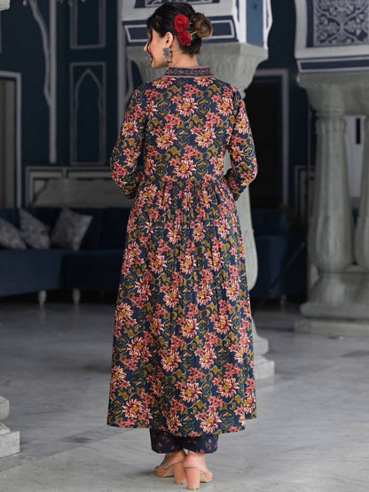 Dhiyona VA Women'sFloral Printed & Sequinned Pure Cotton Anarkali Kurta With Trouser & Dupatta