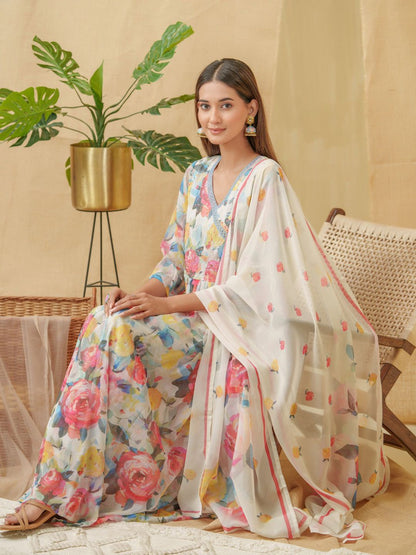 Dhiyona IS Women's V-Neck Floral Printed Angrakha Kurta with Palazzos & Dupatta