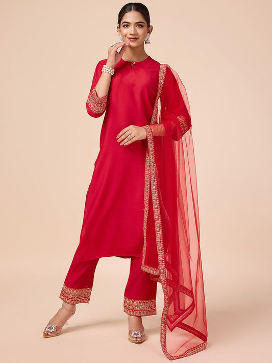Dhiyona PD Women Self Design Sequinned Embroidered Kurta With Trouser & Dupatta