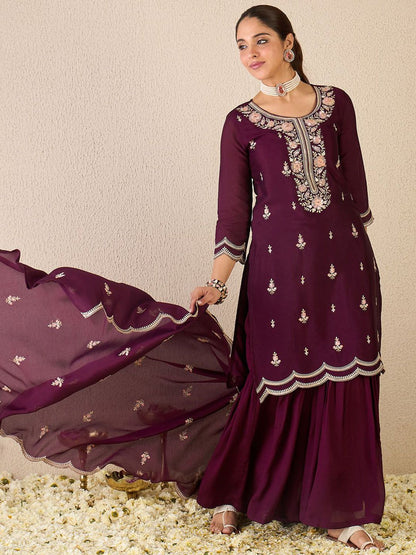 Dhiyona IE Women Ethnic Motifs Embroidered Regular Sequinned Kurta with Sharara & With Dupatta