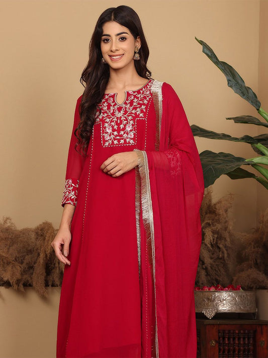 Dhiyona VA Women'sMagenta Floral Embroidered Panelled Silk Georgette Kurta With Trouser With Dupatta