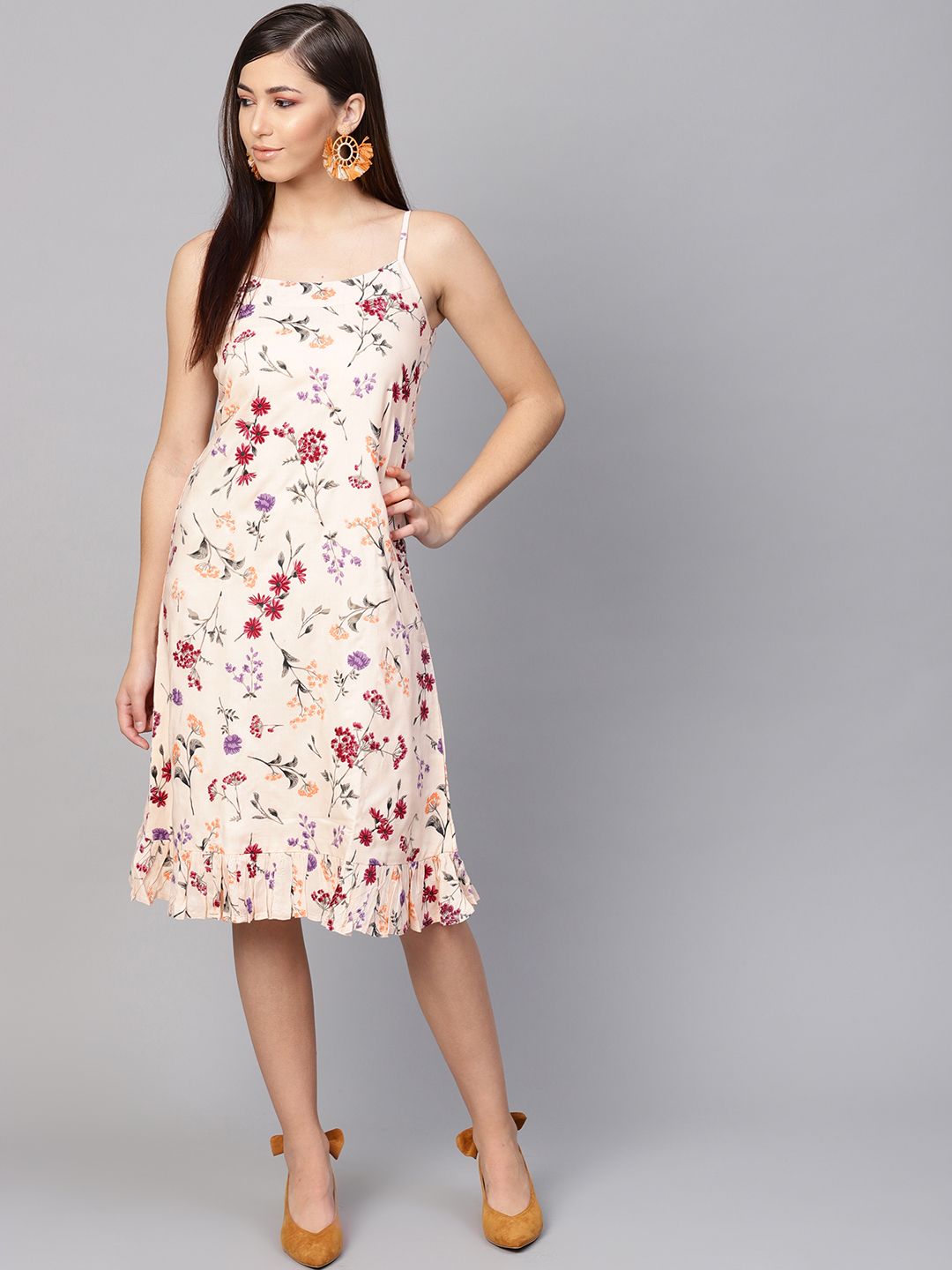 Dhiyona AY Women's Peach-Coloured & Purple Floral Printed A-Line Dress