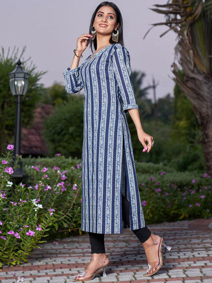 Dhiyona IE Blue Striped V-Neck Pure Cotton Straight Kurta