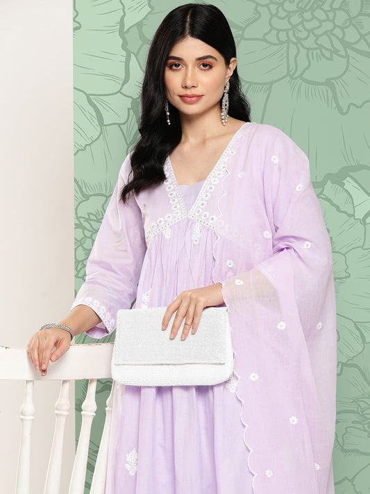 Dhiyona VA Women's Floral Embroidered Pleated Thread Work Cotton Kurta with Trousers & Dupatta