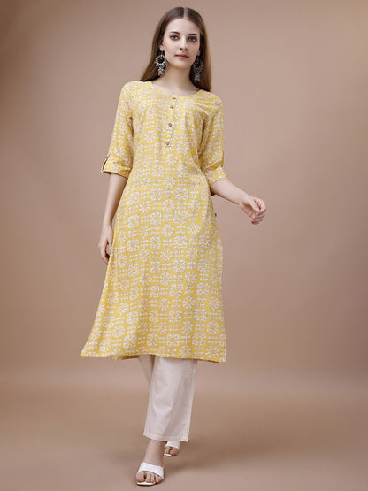 Dhiyona OD  Yellow Floral Printed Round Neck Straight Kurta