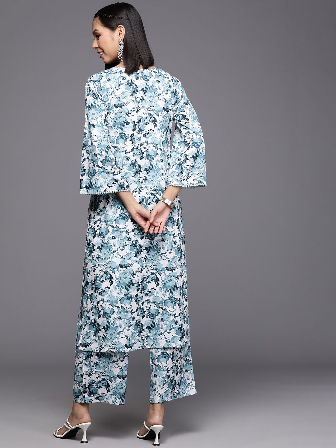 Dhiyona VA Women's Floral Printed Regular Silk Crepe Kurta with Trousers