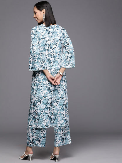 Dhiyona VA Women's Floral Printed Regular Silk Crepe Kurta with Trousers