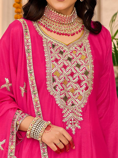 Floral Embroidered Mirror Work Sequinned Anarkali Kurta With Dhoti & Dupatta