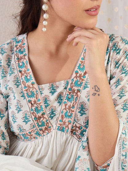 Dhiyona IE Floral Printed V Neck Empire A Line Pure Cotton Kurta With Trousers & Dupatta