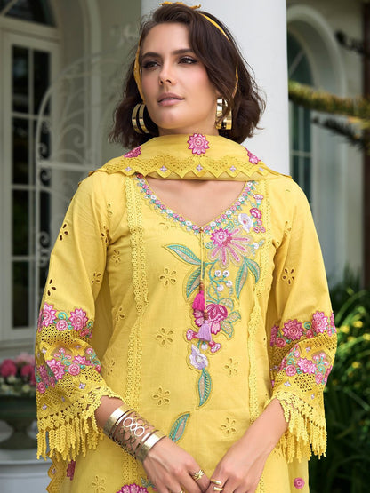 Women Floral Embroidered Regular Sequinned Pure Cotton Kurta with Trousers & With Dupatta
