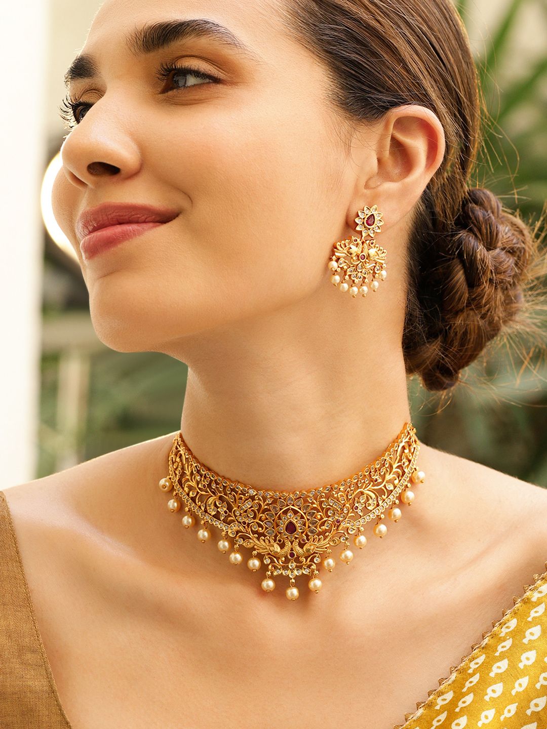 Dhiyona RJ Women's 22K Gold Plated Ruby Pink & CZ Studded Pearl Beaded Traditional Choker Jewellery Set