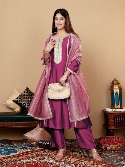 Dhiyona VA Women'sYoke Design Regular Sequinned Kurta with Trousers & With Dupatta