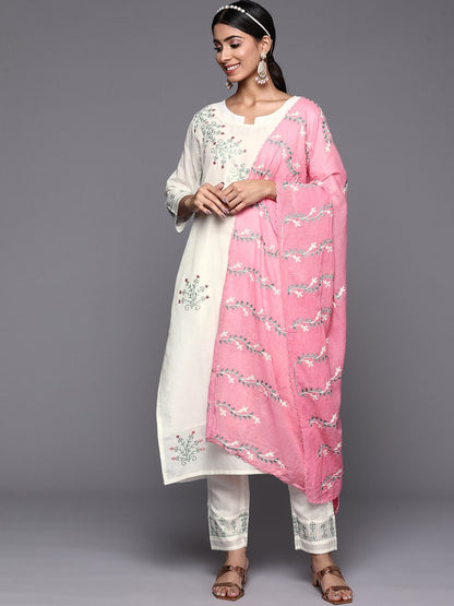 Women White & Pink Floral Embroidered Straight Kurta Trousers Dupatta