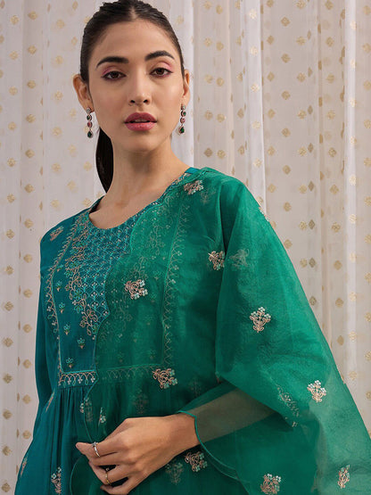 Dhiyona IE Ethnic Motifs Embroidered Round Neck Straight Kurta with Trousers & Dupatta