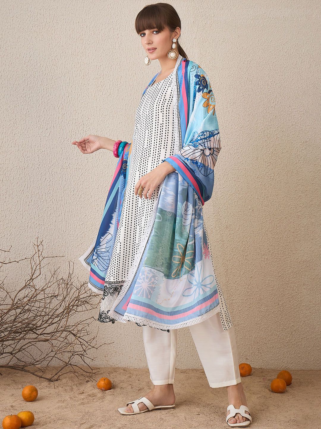 Geometric Printed Pure Cotton Straight Kurta With Trousers & Dupatta