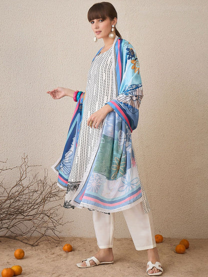 Geometric Printed Pure Cotton Straight Kurta With Trousers & Dupatta