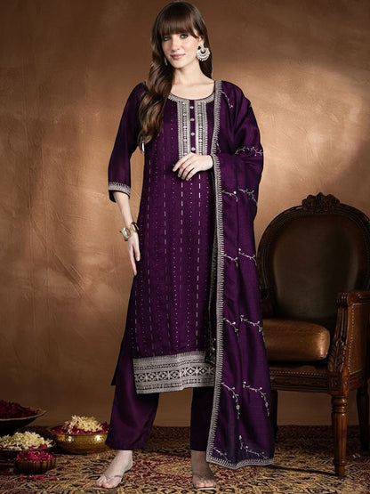 Women Ethnic Motifs Embroidered Regular Thread Work Kurta with Trousers & With Dupatta
