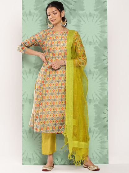 Dhiyona VA Women's Ethnic Motifs Printed Panelled Kurta with Trousers & With Dupatta
