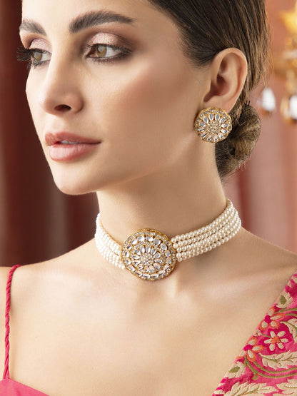 Dhiyona RJ Women's 22K Gold-Plated White Kundan-Studded Choker Set with Multi-Strand Pearl Beads