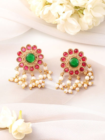 Dhiyona RJ Women's 22K Gold-Plated Emerald & Ruby Pink Kundan Choker Jewellery Set with Pearl Beads