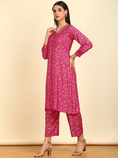 Dhiyona SO Women's Floral Printed Regular Sequinned Kurta with Palazzos