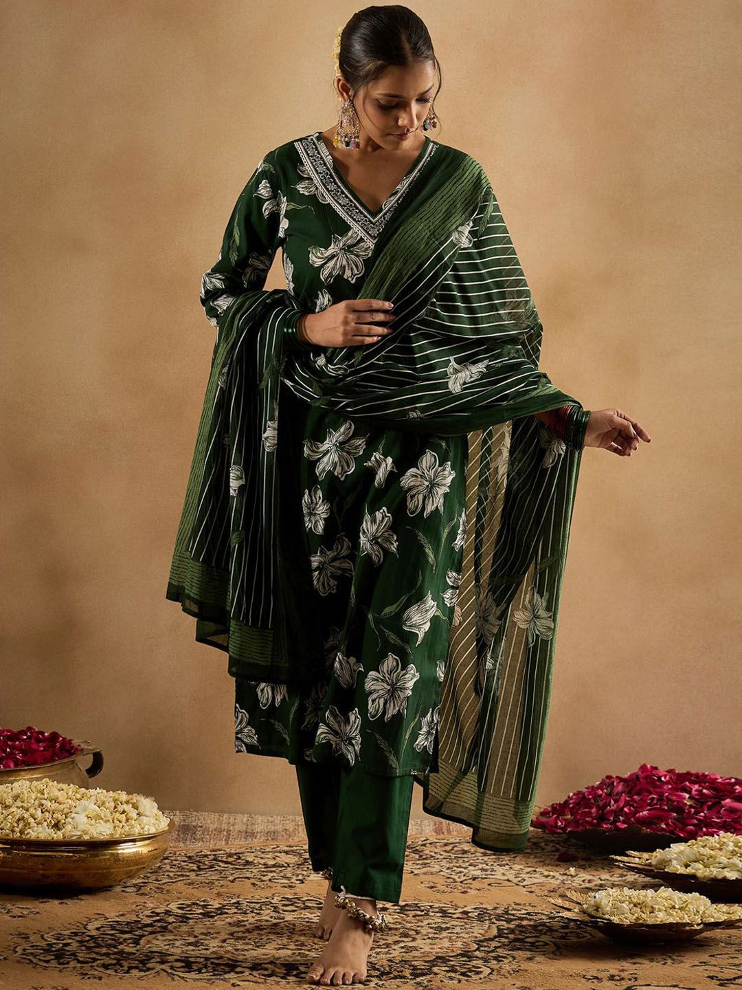 Floral Printed V-Neck Pure Cotton Straight Kurta With Trouser & Dupatta