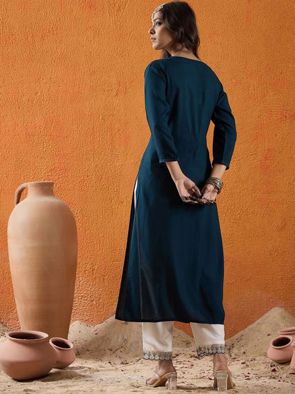 Dhiyona IE Floral Yoke Design Notch Neck Thread Work Kurta