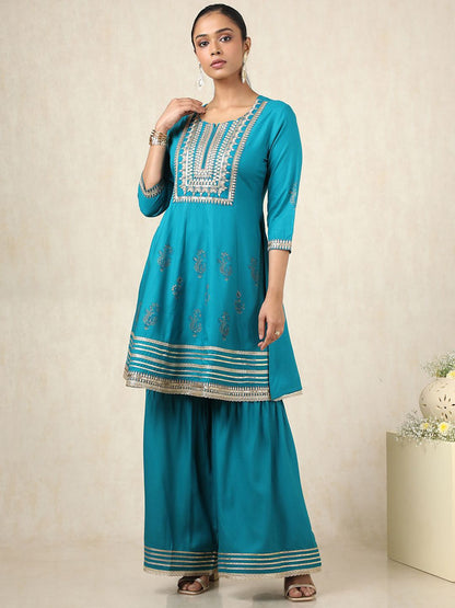 Dhiyona SO Women's Ethnic Motifs Yoke Design Round Neck A-Line Kurti With Sharara & Dupatta