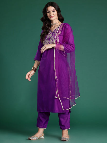 Dhiyona IE Ethnic Motifs Embroidered Regular Liva Kurta with Trousers & Dupatta