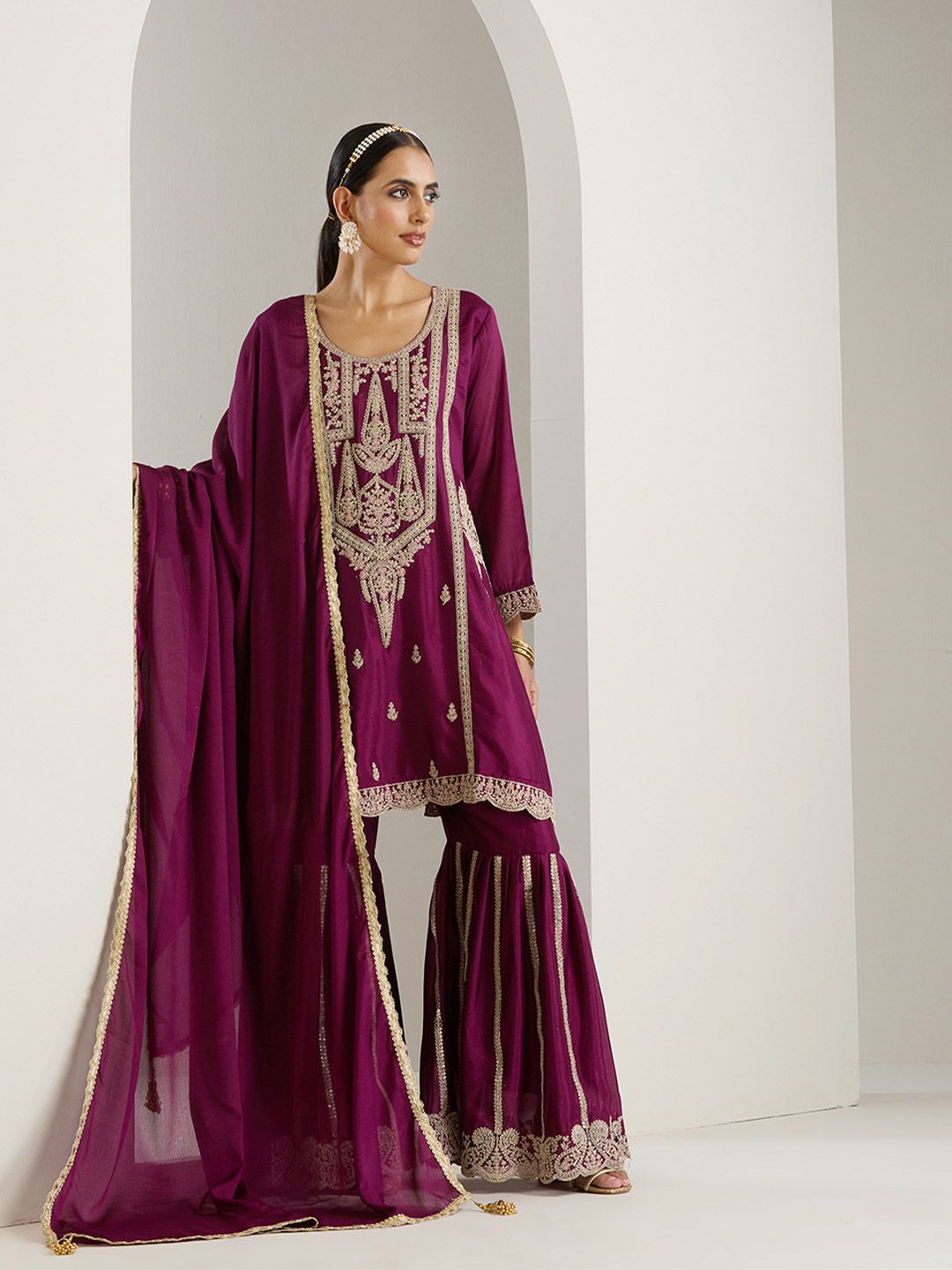 Dhiyona IS Women's Ethnic Motifs Embroidered Regular Thread Work Straight Kurta with Sharara & Dupatta