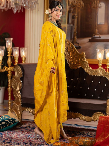 Dhiyona IE Floral woven Design Zari Work Straight Kurta With Trousers & Dupatta