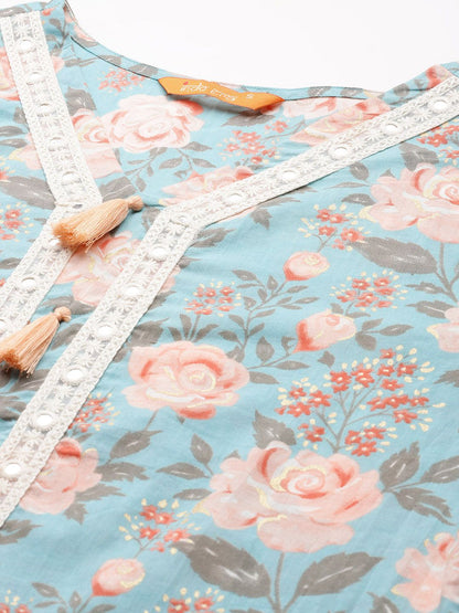 Dhiyona IE Women Floral Printed Regular Mirror Work Pure Cotton Kurta with Trousers & With Dupatta